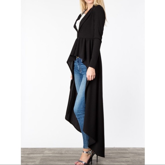 Black Hi Low Peplum Ruffle Long Jacket Top Blouse - Picture 4 of 5